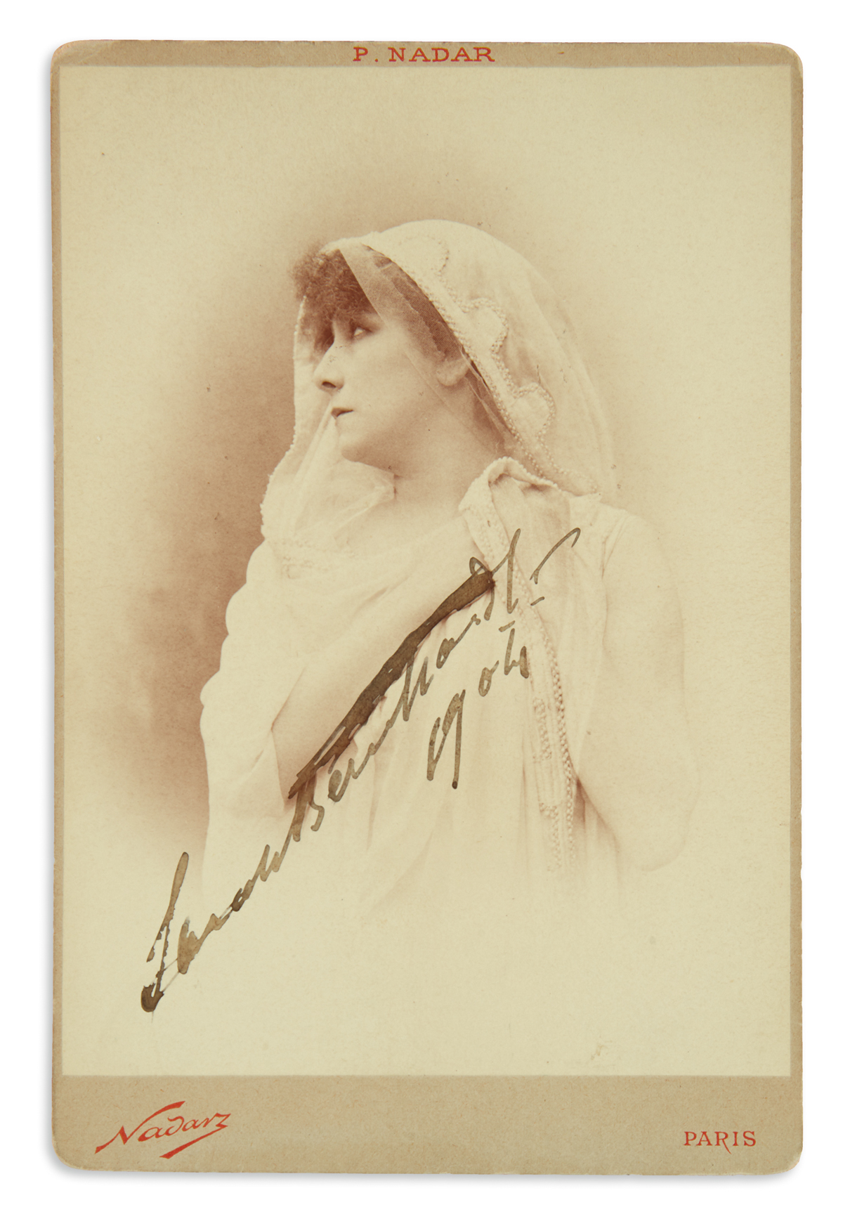 BERNHARDT, SARAH. Photograph dated and Signed, cabinet card bust portrait by Paul Nadar,